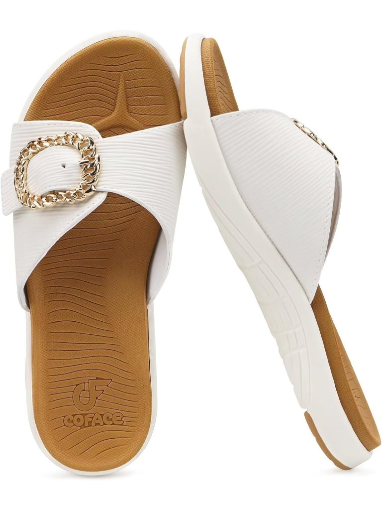 Women's White Brown Faux Leather Comfortable Walking Adjustable Slip On Flats